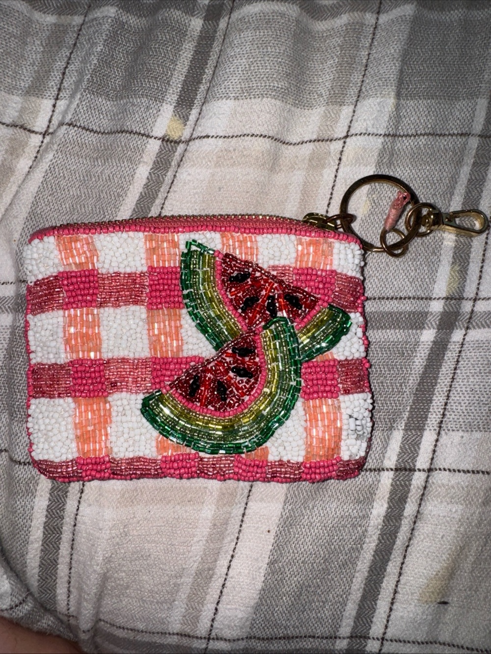 Anthropologie Pink and White Beaded Watermelon Coin Pouch Keyring